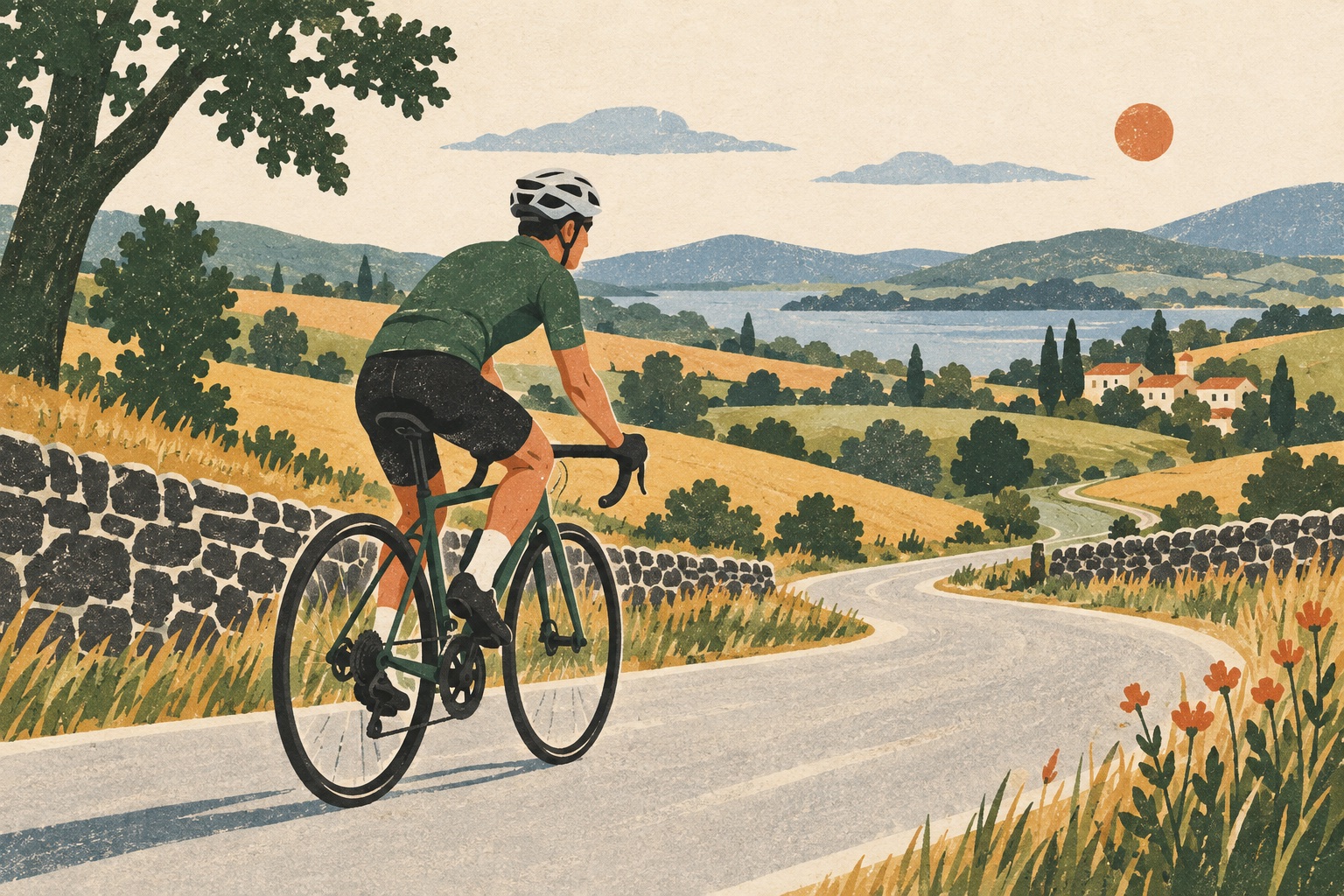 Ciclista entrenando en carretera, ilustración para un artículo sobre series de ciclismo.