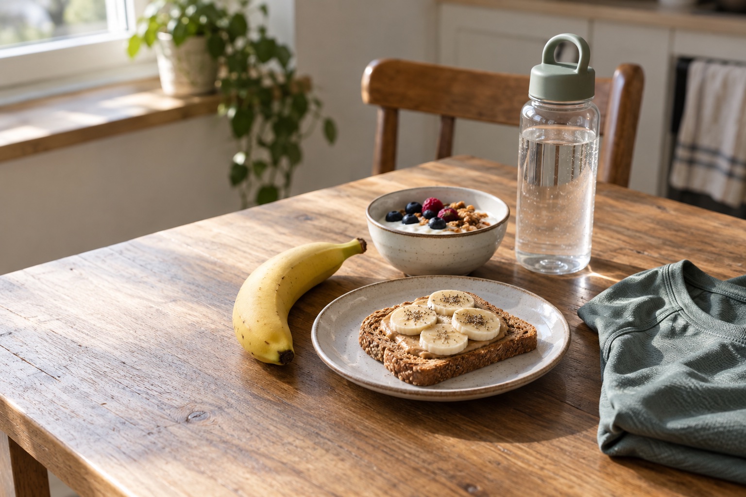 Desayuno sencillo antes de entrenar: plátano, tostada, yogur y agua.