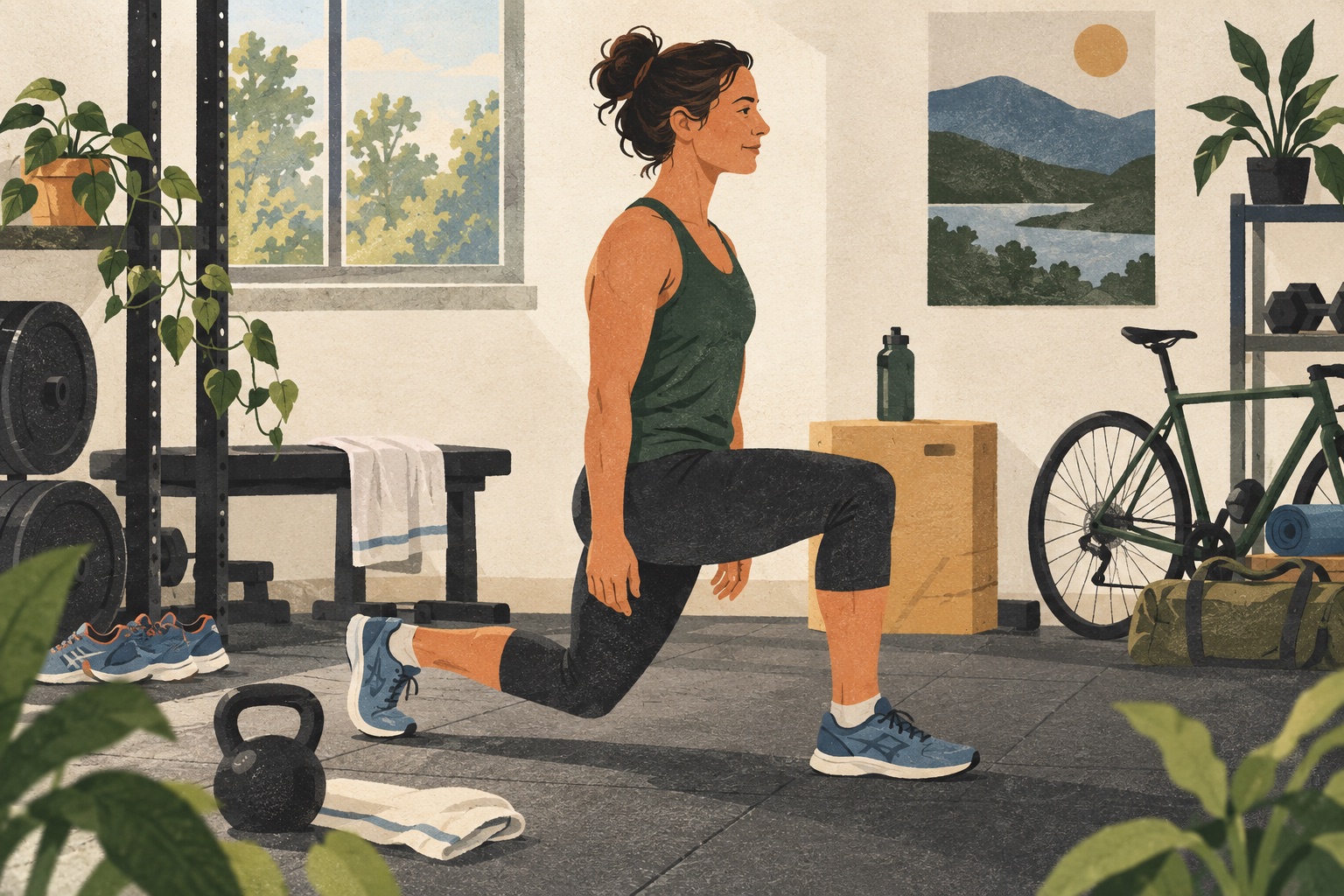 Deportista realizando un ejercicio de fuerza con pesas en un gimnasio luminoso.