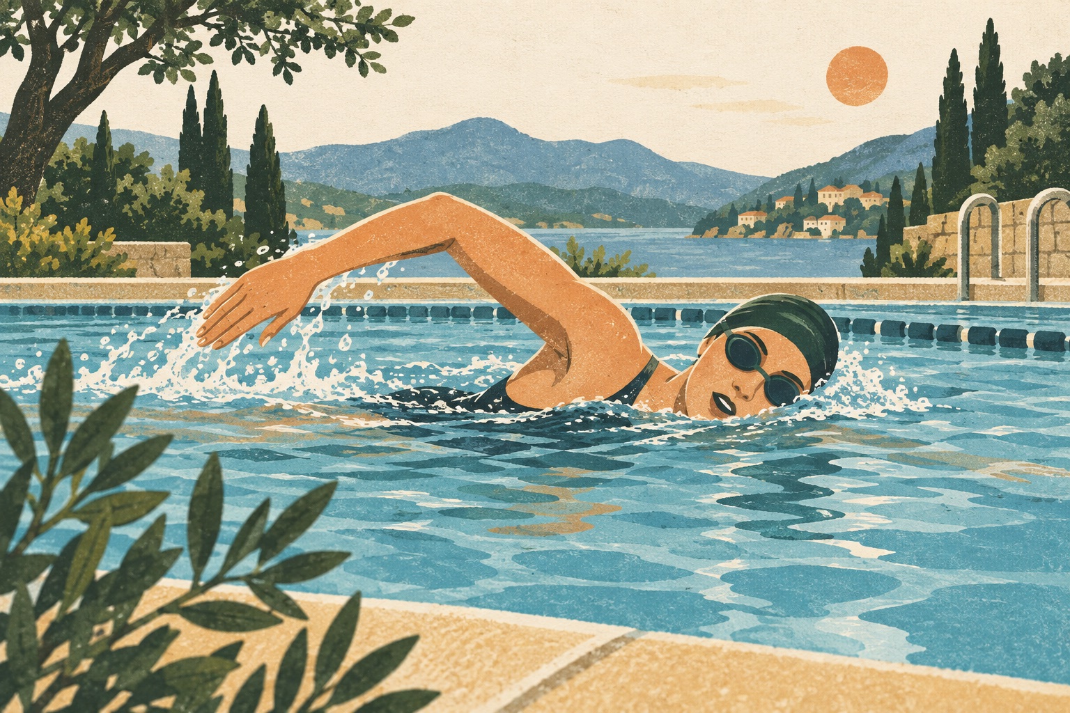 Nadadora de crol en una piscina con líneas de agua y brazada.
