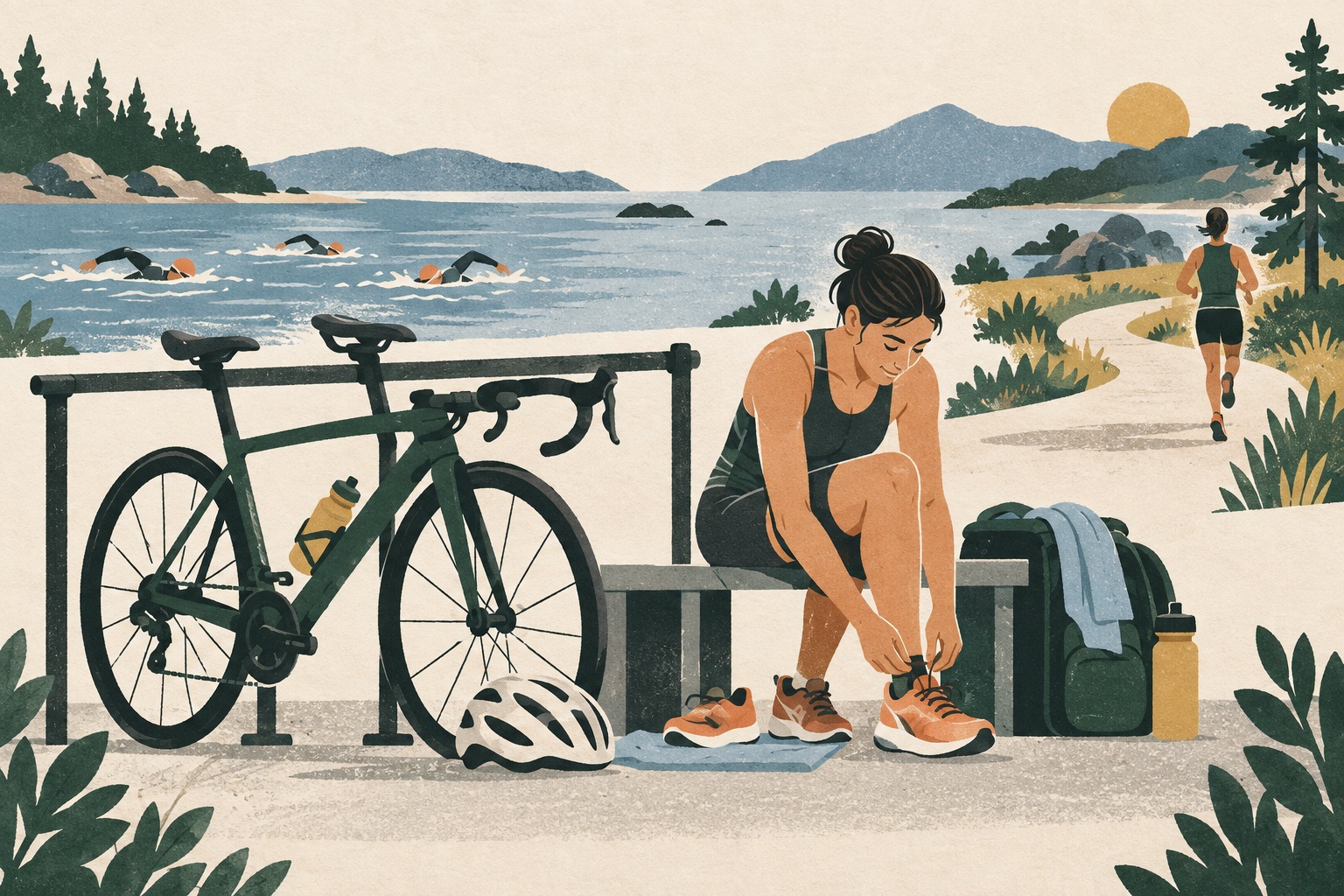 Natación, ciclismo y carrera representados en una escena continua junto al agua.